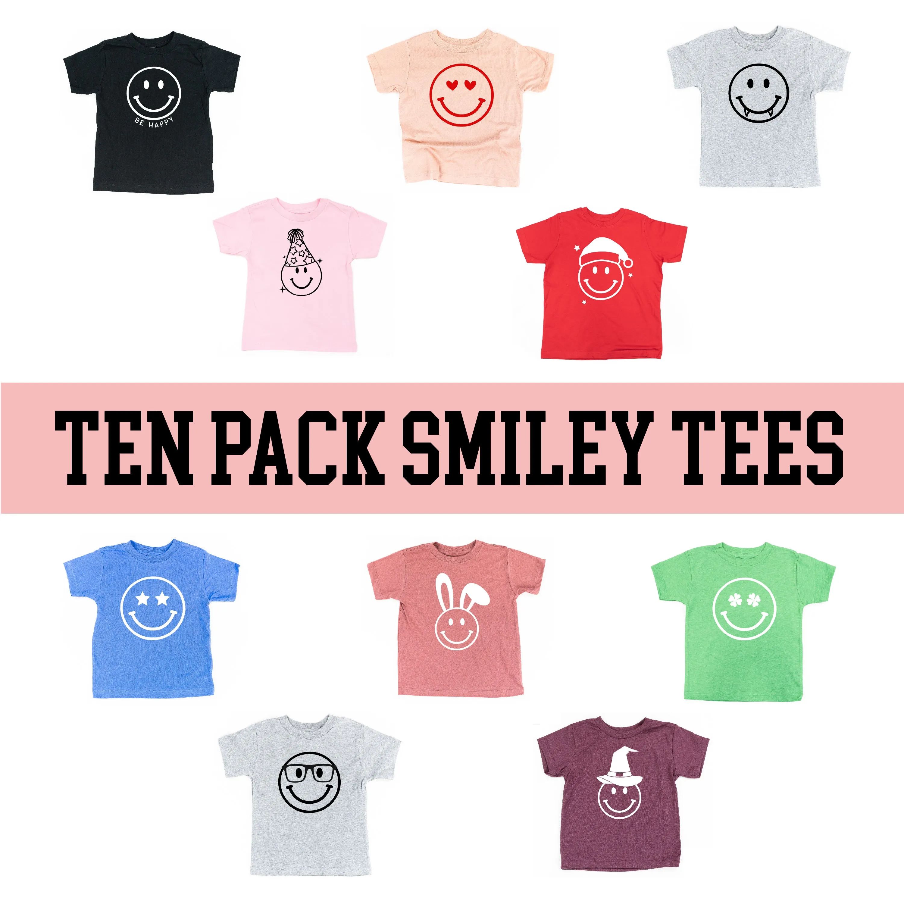 Seasonal Smiley Face CHILD Tees - 10 PACK - Short Sleeve Shirt