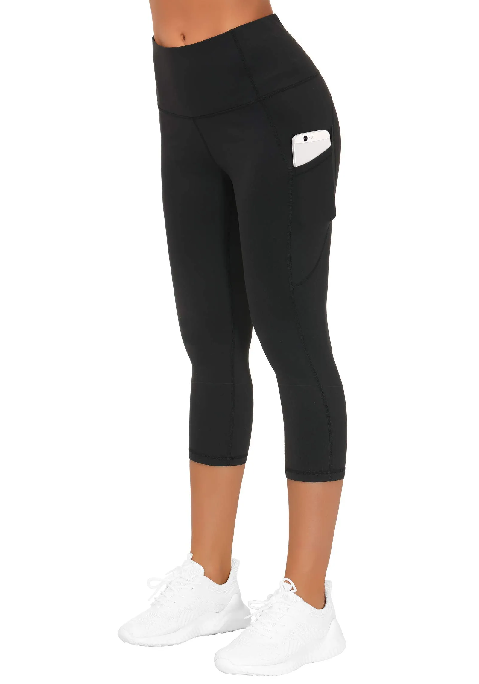 THE GYM PEOPLE Thick High Waist Capris Yoga Pants with Pockets, Tummy Control Workout Running Yoga Leggings for Women Black