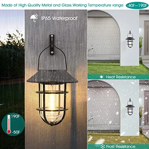 Upgrade Solar Outdoor Lights, Hanging Wireless Solar Lantern, Waterproof Solar Lights with Wall Mount Kit for Garden Patio Porch Fence Decor 2 Pack