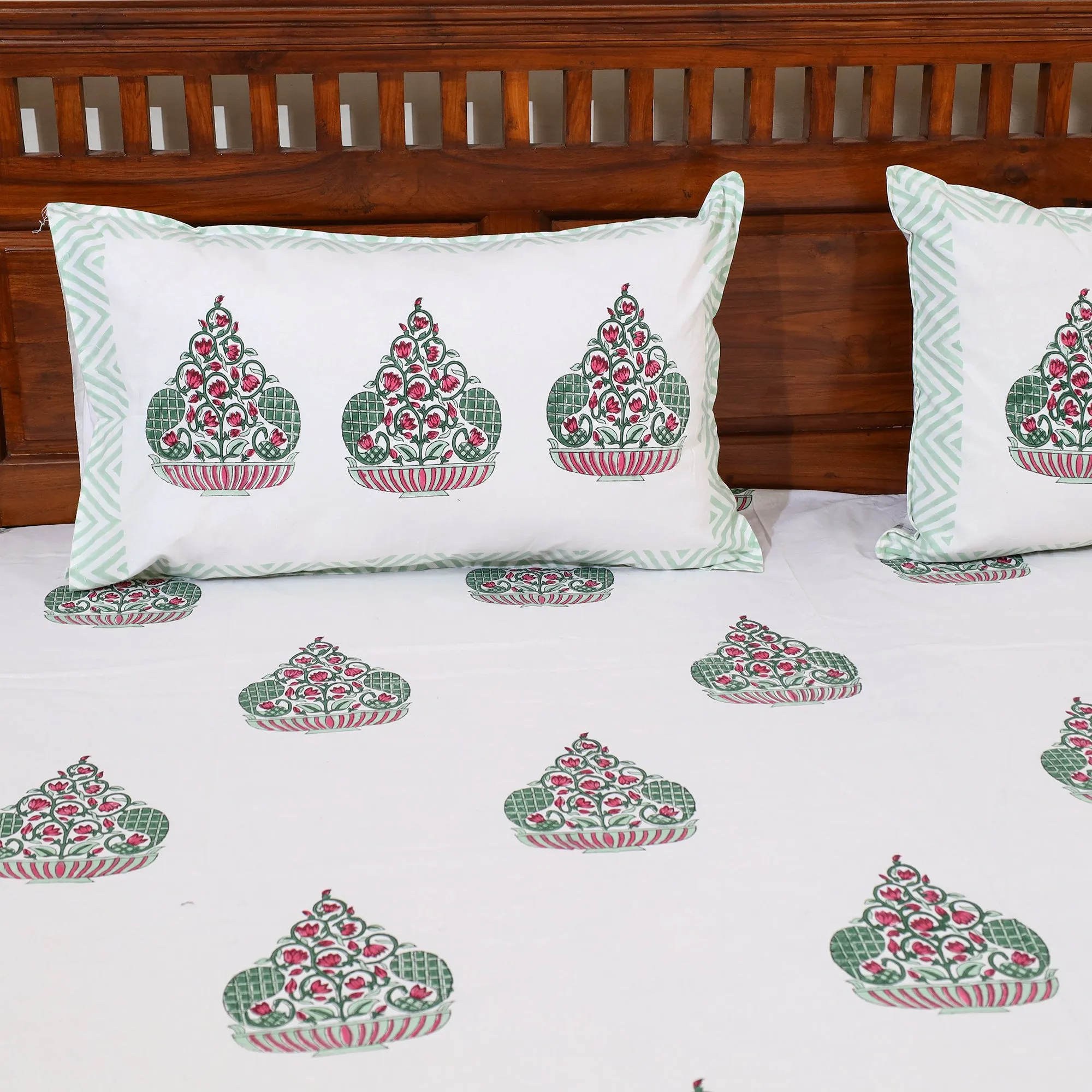 White - Pure Cotton Sanganeri Print Double Bed Cover with Pillow Covers 25