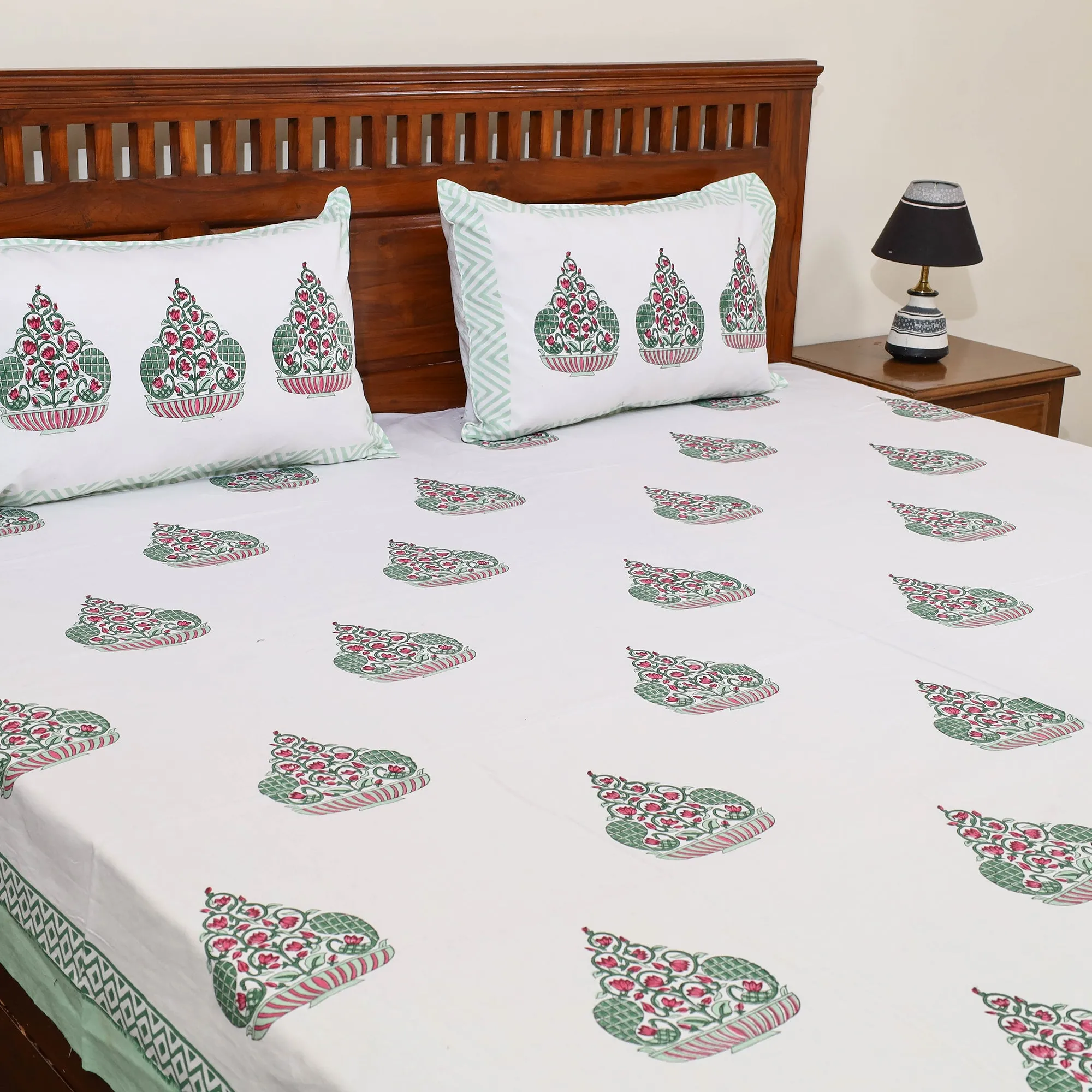 White - Pure Cotton Sanganeri Print Double Bed Cover with Pillow Covers 25